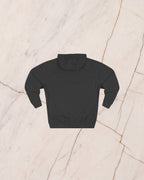 The back of the VENATOR hoodie in charcoal heather, unprinted, laid flat on pale marble.